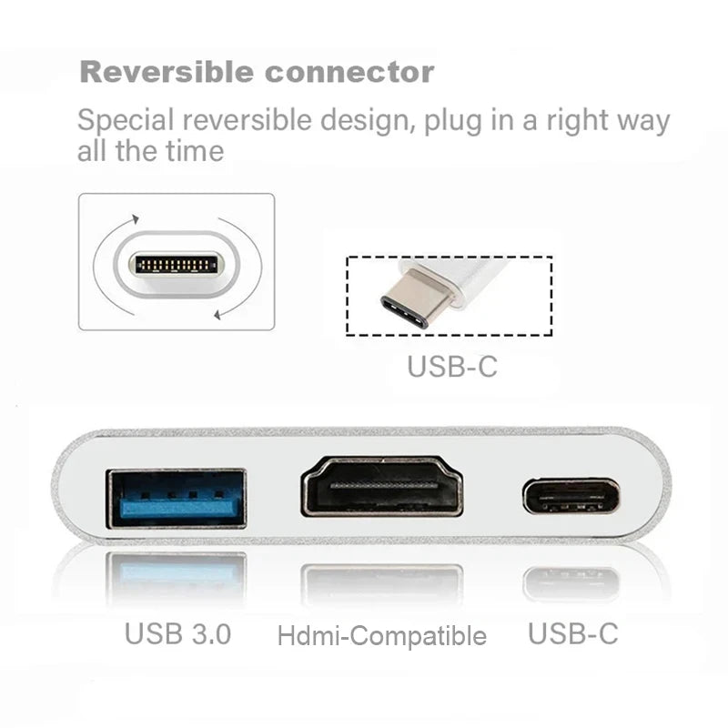USB-C To HDMI-compatible 3 in 1 Cable Converter for Samsung Huawei iPad Mac NS USB 3.1 Type C To HD 4K USB 3.0 Adapter Cable Beauty World Shop