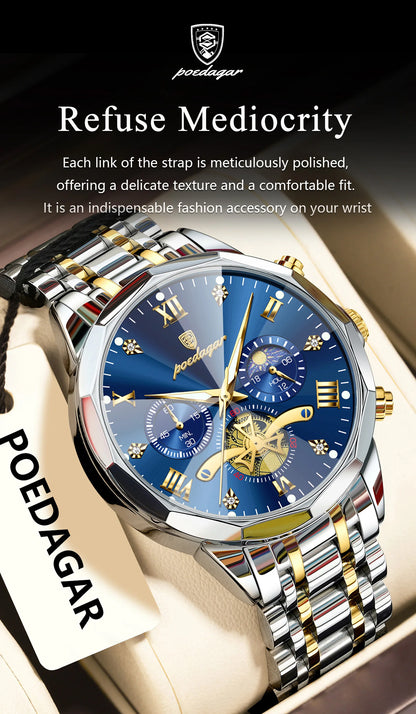 POEDAGAR Luxury Original Men Watch Waterproof Luminous Chronograph Man Wristwatch Stainless Steel Quartz Top Men's Watches Reloj Beauty World Shop
