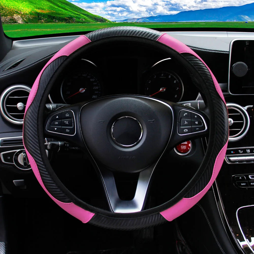 PU Carbon Fiber Leather Car Steering Wheel Cover without Inner Ring Suitable for 14.5-15 Inches of Automotive Supplies Beauty World Shop