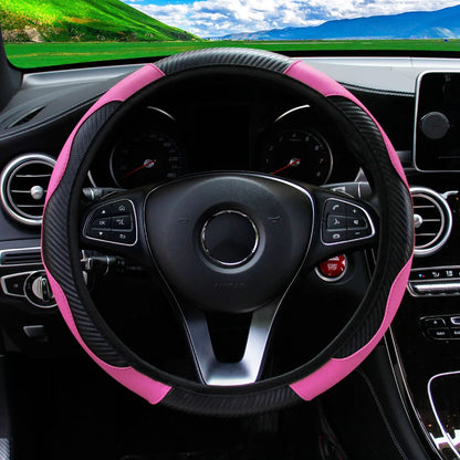PU Carbon Fiber Leather Car Steering Wheel Cover without Inner Ring Suitable for 14.5-15 Inches of Automotive Supplies Beauty World Shop