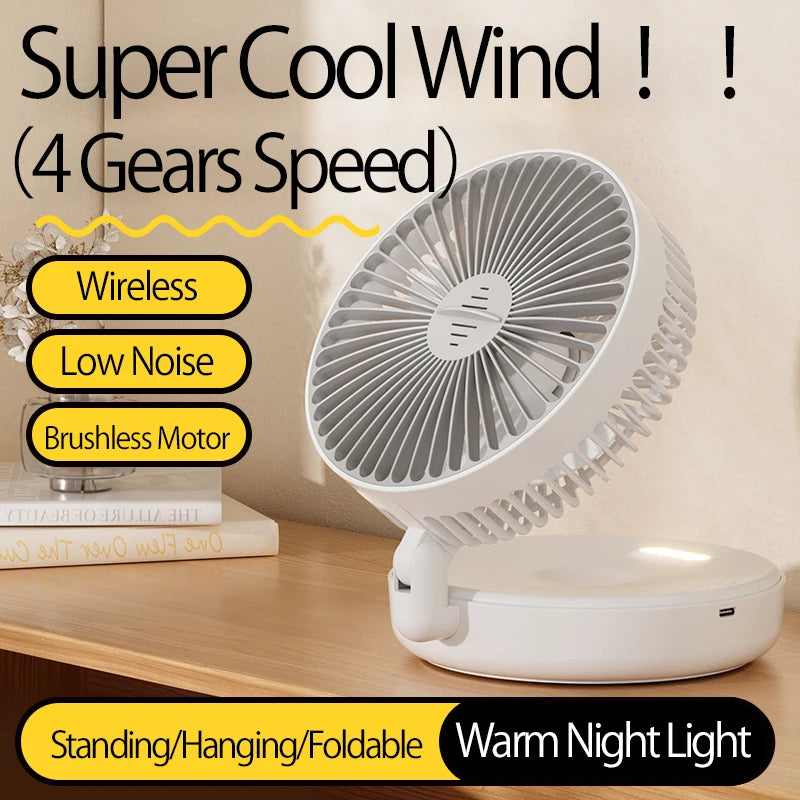 2024 New Rechargeable 3IN1 Multifunctional Portable Fan Wall Mounted Fan 90° Folding Fan 4 Gears With Warm Night Light Beauty World Shop