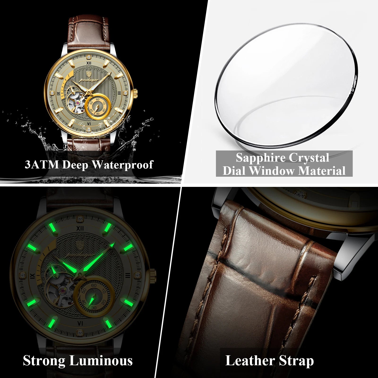 POEDAGAR Fashion Business Men Watch Waterproof Luminous Hollow Tourbillon Male Clock Automatic Mechanical Leather Men's Watches Beauty World Shop