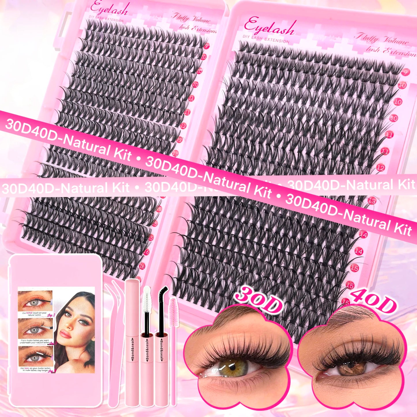 DIY Lash Extension Kit Clusters Individual Eyelashes Kit 9-16mm with Bond and Seal Wispy Natural Mange Lashes Beauty World Shop