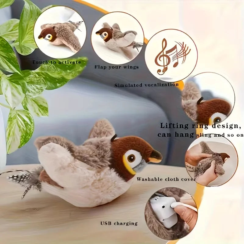 Interactive Pet Bird Toy Flapping Wings (with Catnip) USB-Rechargeable Touch-Activated Squeaky Plush Toy Flying Bird For Indoor Beauty World Shop