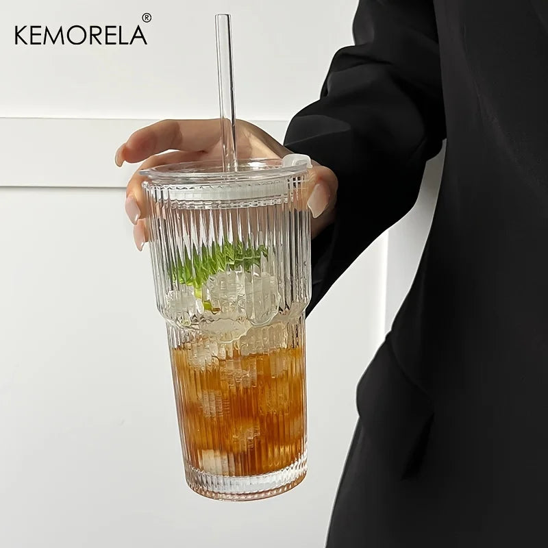600ML Stripe Glass Coffee Cup With Lid and Without Cover Straw Transparent Drinking Glasses for Juice Iced Coffee Mugs Drinkware Beauty World Shop