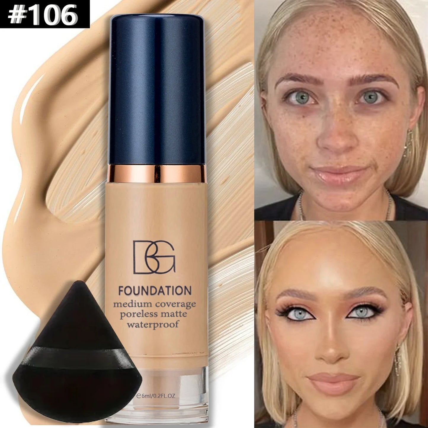 2Pcs Full Coverage Waterproof Liquid Foundation&Black Triangular Powder Puff-LongLasting Matte Finish Dark Circle&Blemish Cover Beauty World Shop