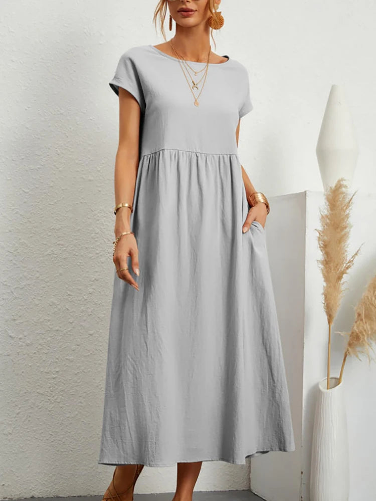 Women Elegant Solid Maxi Dress Summer Short Sleeve O Neck Vintage Harajuku Cotton Linen Loose Sundress Y2K Pockets Long Dress Beauty World Shop