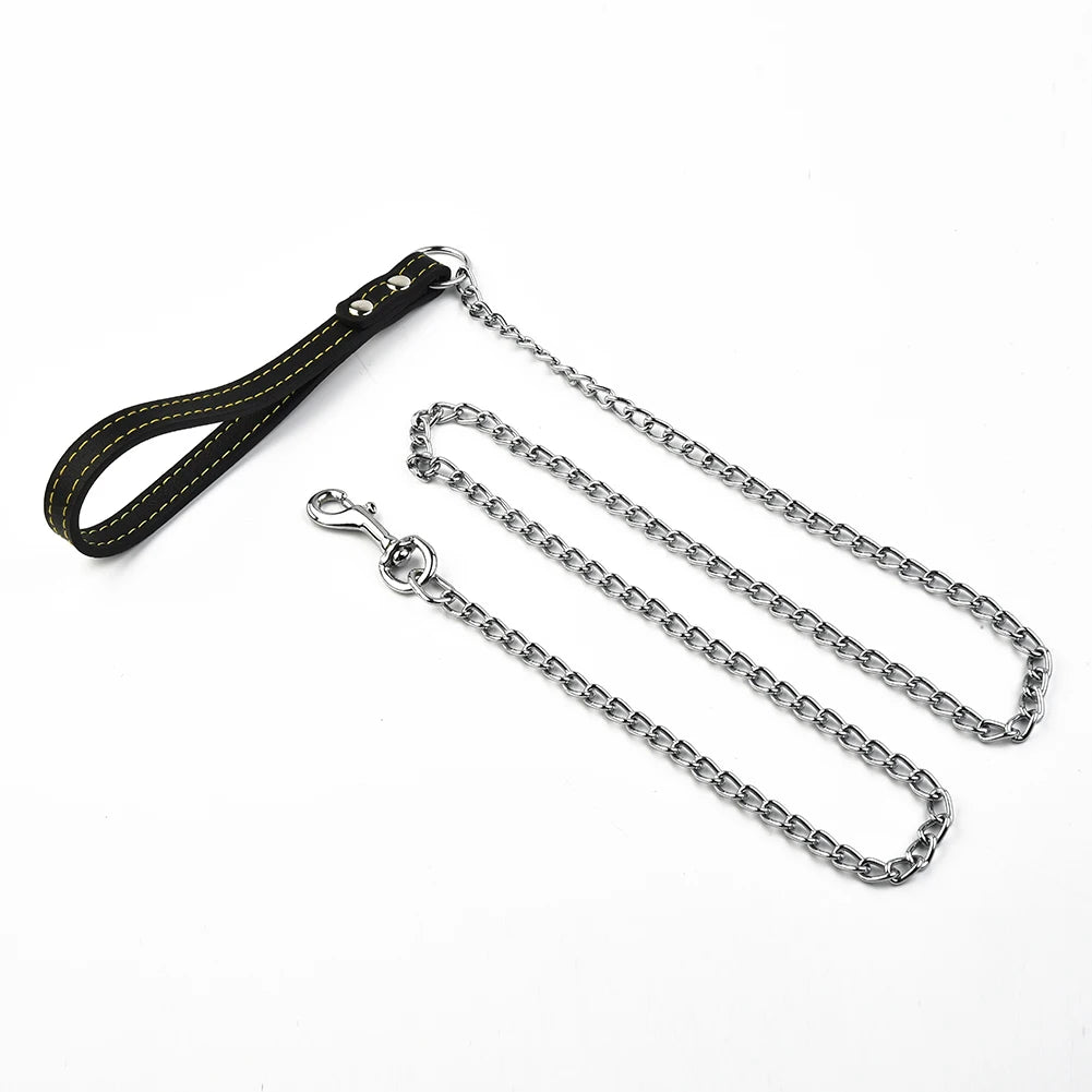 Metal Chain Dog Lead with Leather Style Handle Strong Control Leash Iron Dog Pets Supplies Collars Harnesses Chain Traction Rope Beauty World Shop