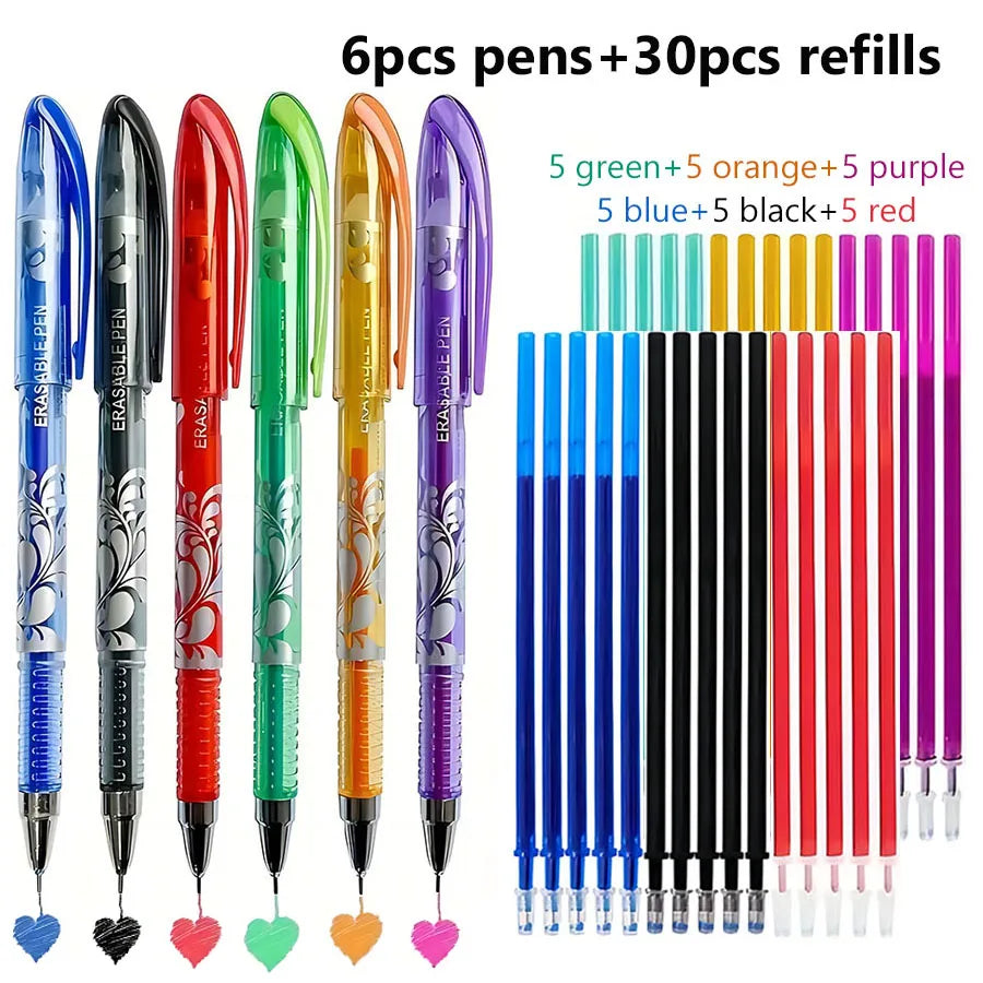 36pcs/set 6 Colors Neutral Erasable Pen,Blue/black/red/green/orange/purple Ink Writing Gel Pens Washable HandleSchool Stationery Beauty World Shop