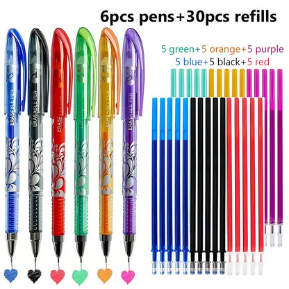 36pcs/set 6 Colors Neutral Erasable Pen,Blue/black/red/green/orange/purple Ink Writing Gel Pens Washable HandleSchool Stationery Beauty World Shop