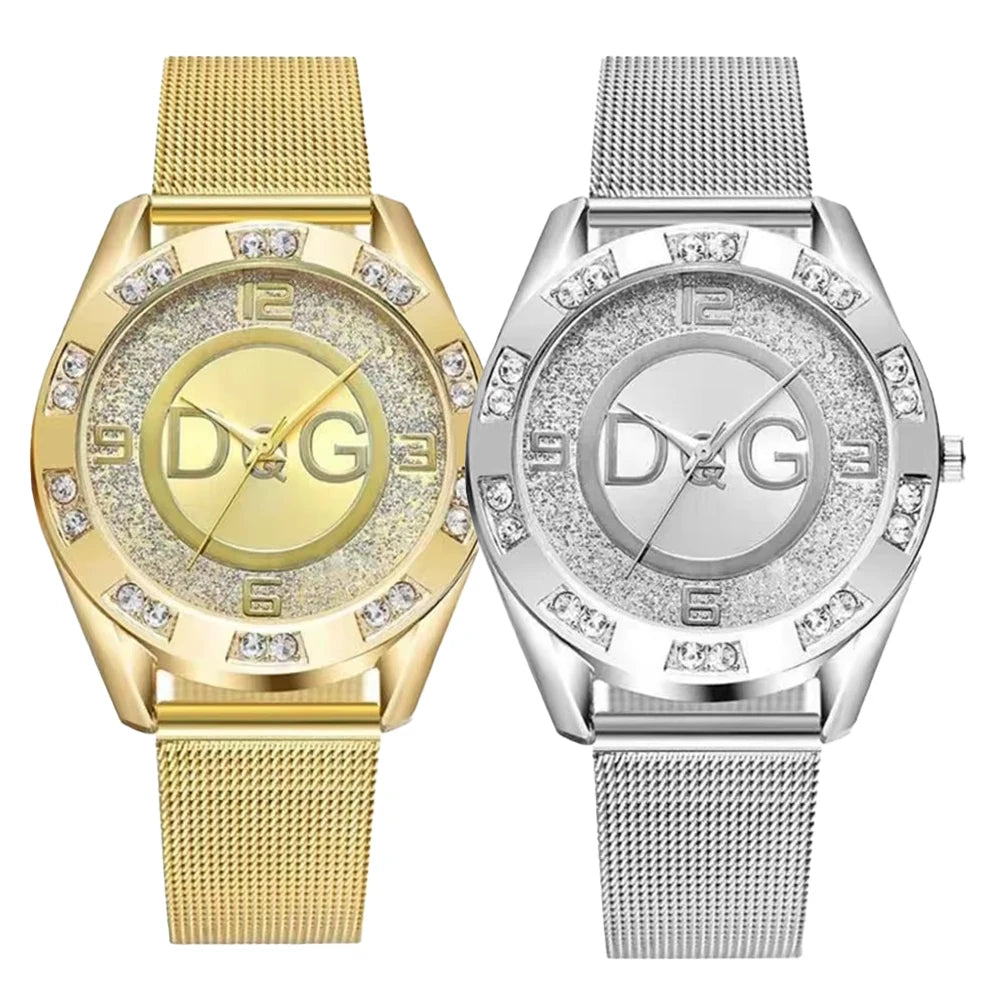 Fashion DQG Brand Starry Sky Diamond encrusted Women's Quartz Watch Casual Stainless Steel Gold Mesh Strap Women's Dress Watches Beauty World Shop