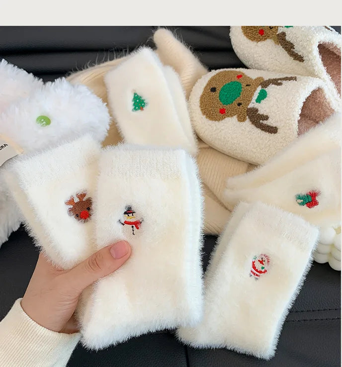 Autumn And Winter Socks, White Mink Fur Christmas Socks, Snowman Santa Claus Christmas Tree Elements, Thickened Warm Socks Beauty World Shop
