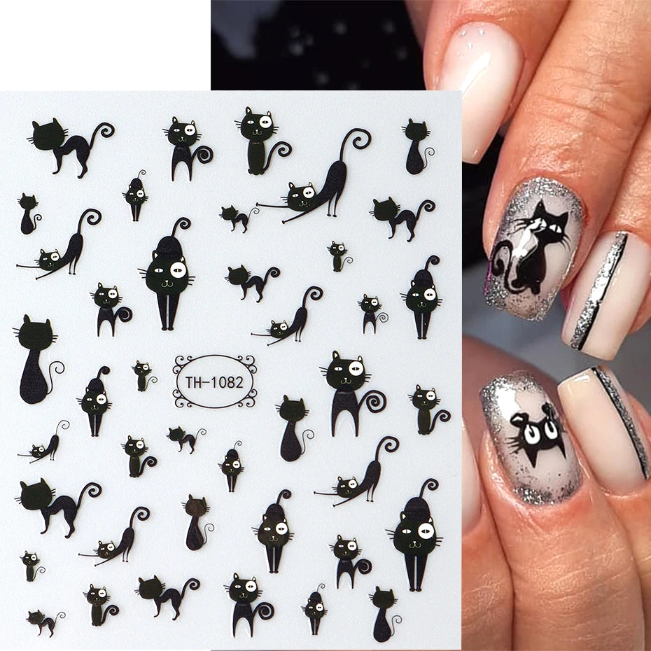 2pcs Black Cat Nail Stickers 3D Cute Cartoon Animal 3D Self-Adhesive Nail Art Decals Sliders Decorations Manicure Accessories Beauty World Shop