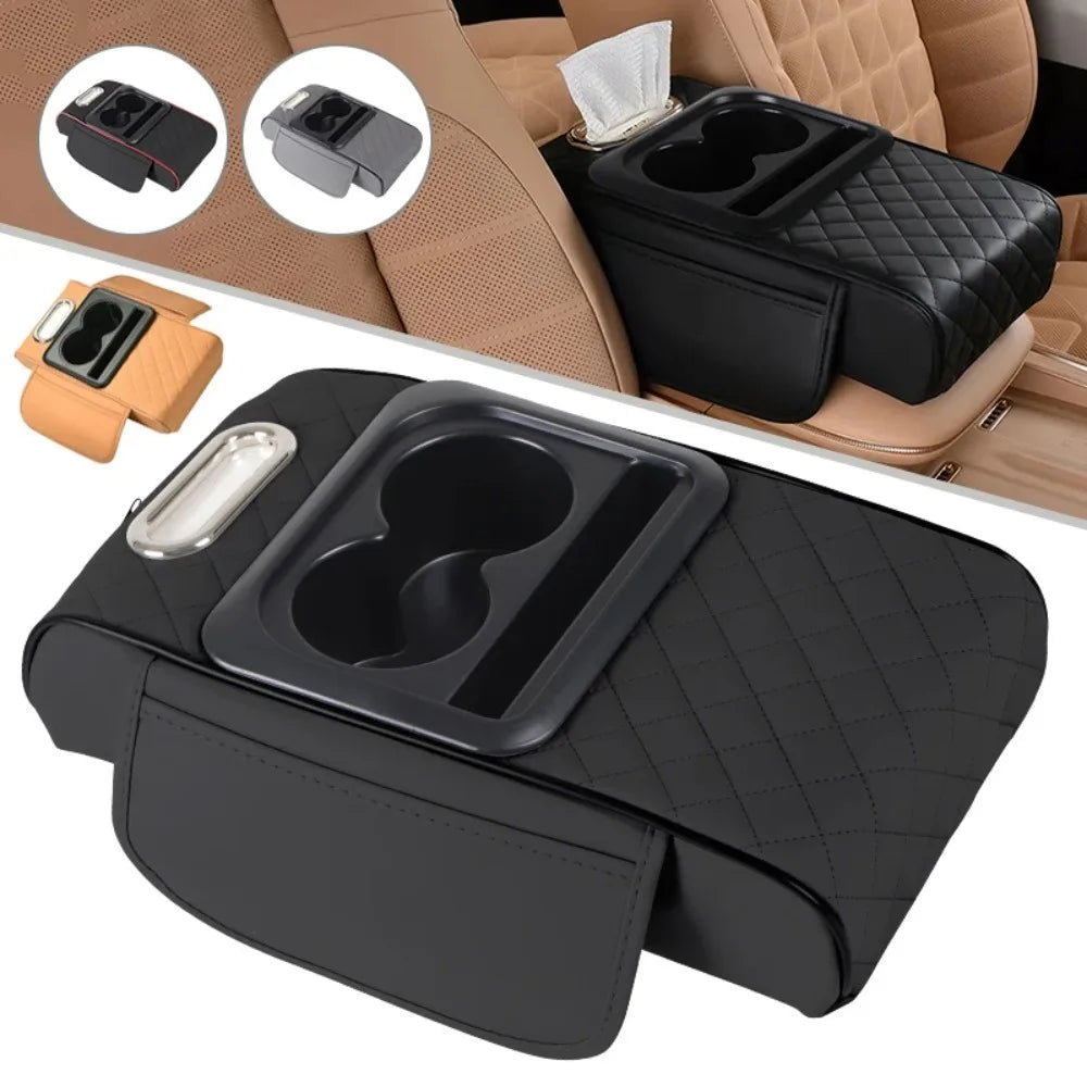 Auto Center Console Armrest Cushion With 2 Cup Holder PU Leather Armrest Pad Portable Car Amrest Pillow Cover Height Pad Beauty World Shop
