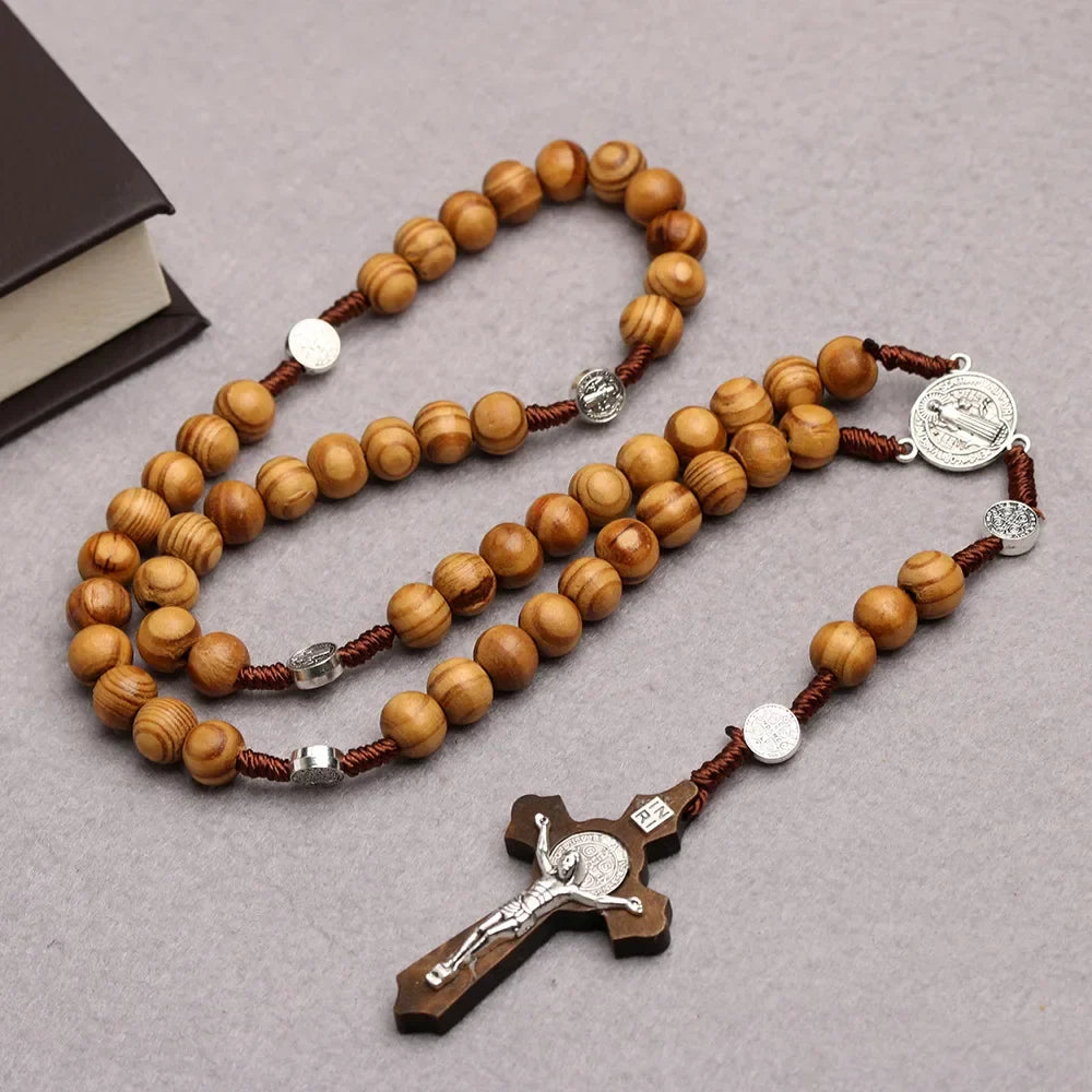 Catholic Wood Beaded Rosary Necklaces For Women Christian INRI Crucifix Cross Pendant Long Chain Men Religion Prayer Jewelry Beauty Trend Shop