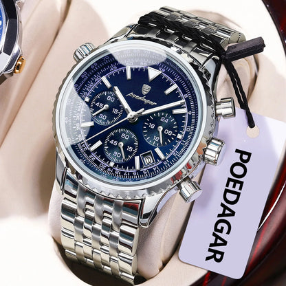 POEDAGAR Luxury Fashion Men Watch Stainless Steel Waterproof Luminous Quartz Male Clock Date Chronograph Military Men's Watches Beauty World Shop