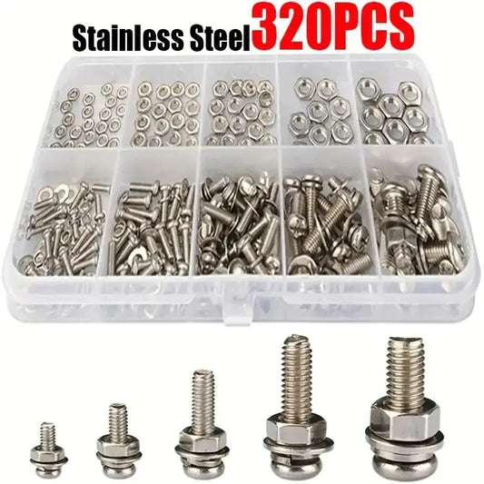 320pcs Premium Stainless Steel Screw and Nut Assortment Kit - Corrosion-Resistant, Snap-in Nuts, M2 to M5 Sizes - Ideal for DIY, Beauty World Shop