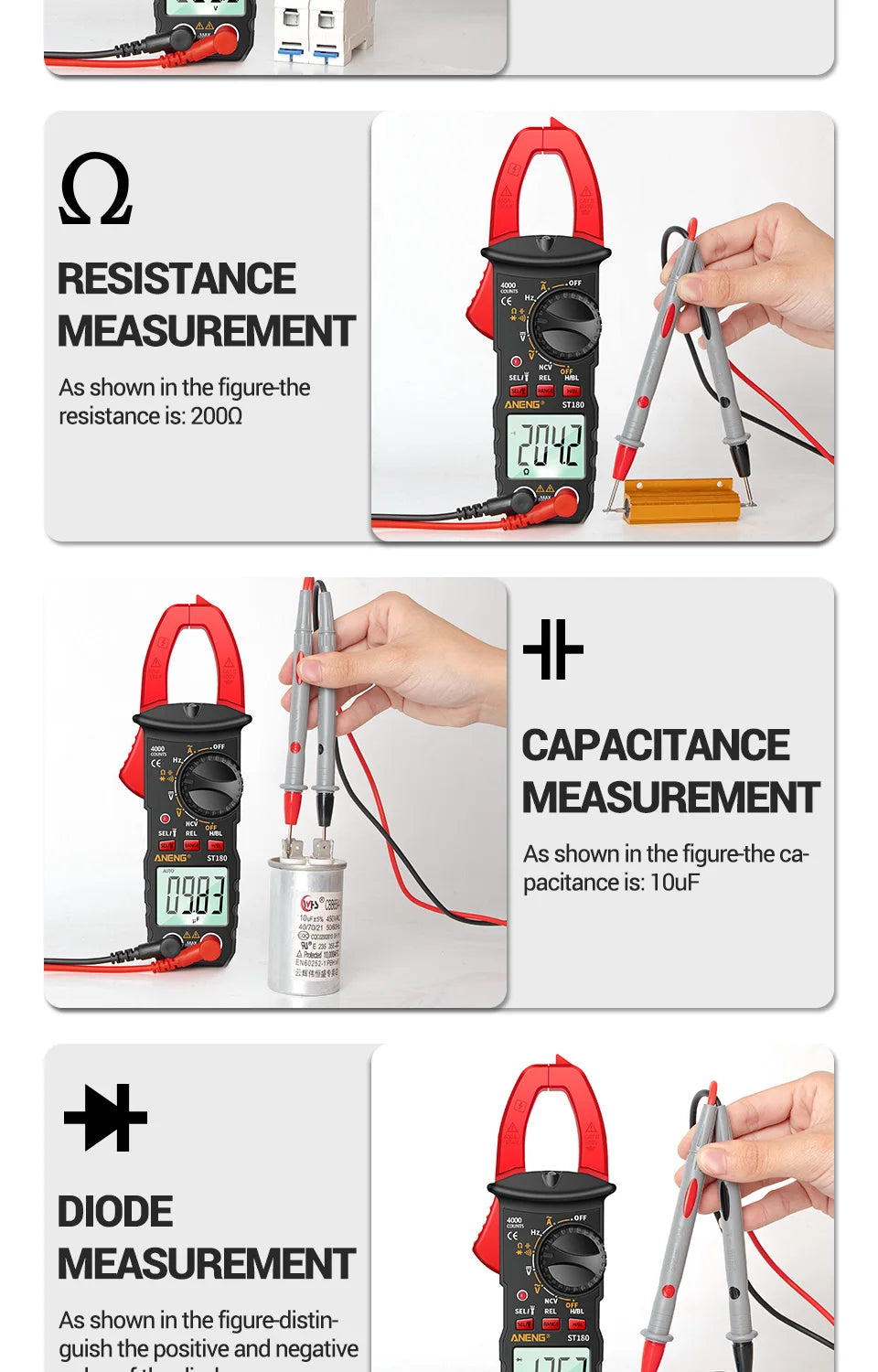ANENG ST180 AC Current Clamp Meter  Digital 4000 Counts Multimeter Ammeter Voltage Tester Car Amp Hz Capacitance NCV Ohm Tool Beauty World Shop