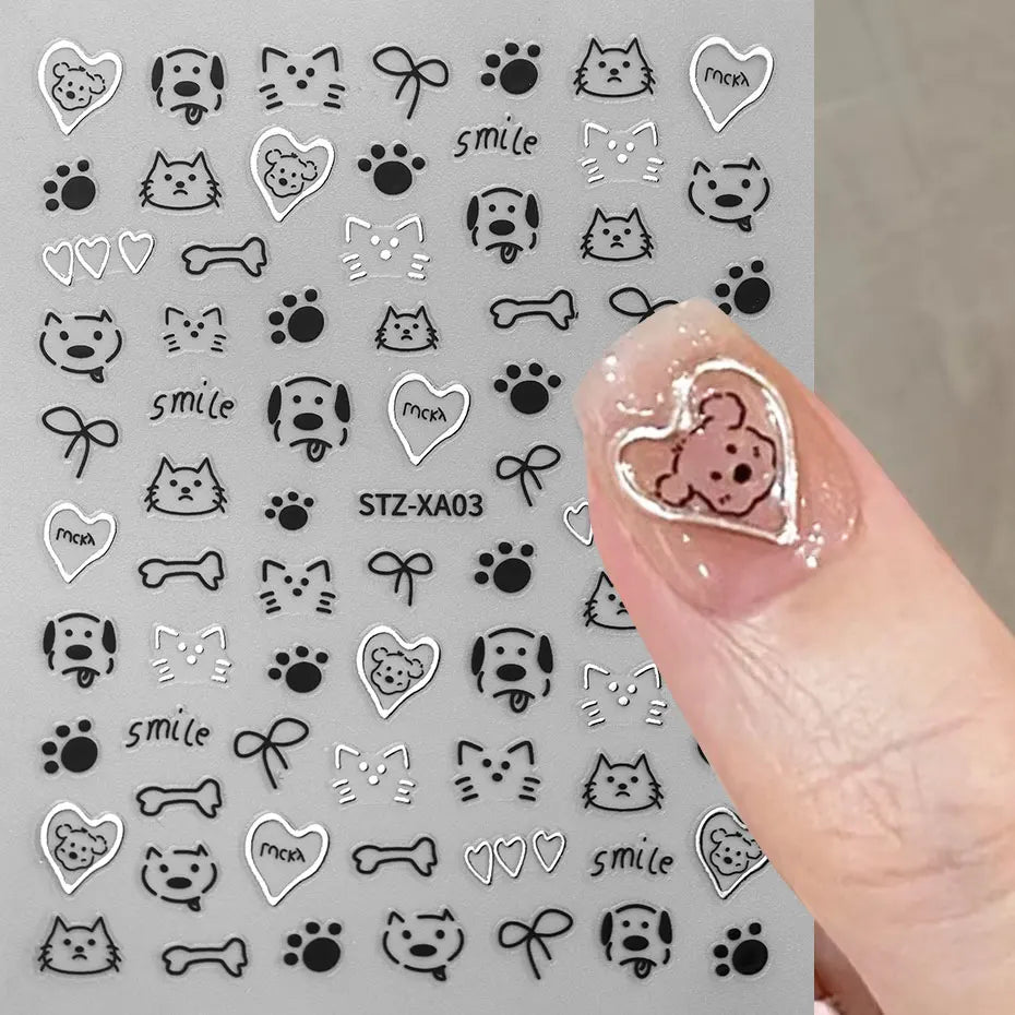 2pcs 3D Cute Silver Smile Dog Decals Y2K Cartoon Cat Footprint Nail Stickers Graffiti Star Heart Bowknot Manicure Slider Decor Beauty World Shop