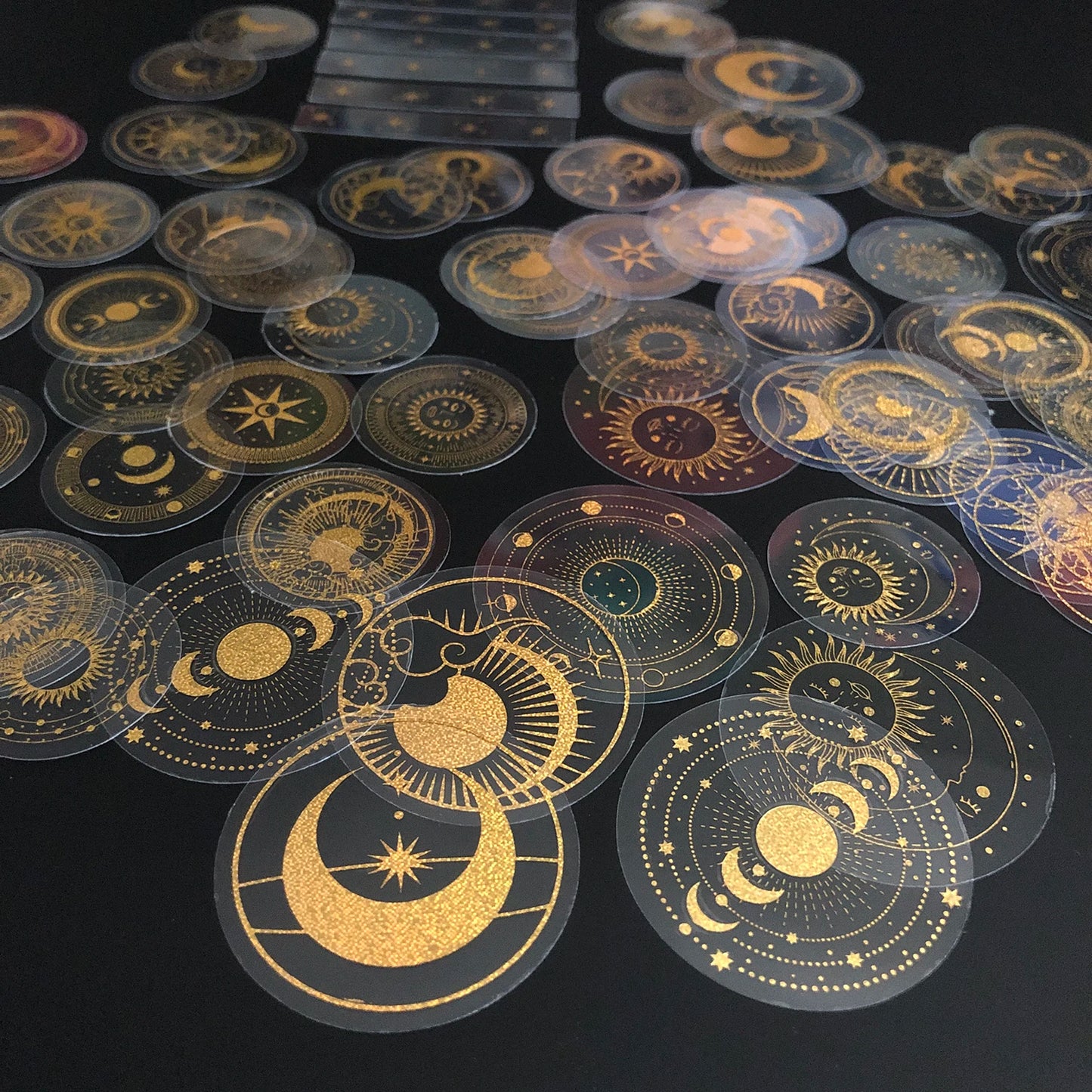 70 pcs Glitter Gold PET Adhesive Stickers Waterproof Transparent Label: SUN MOON Stars Etc Beauty World Shop