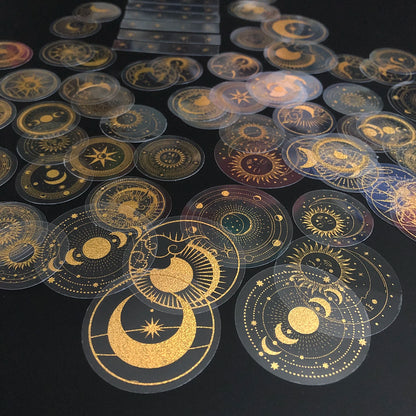 70 pcs Glitter Gold PET Adhesive Stickers Waterproof Transparent Label: SUN MOON Stars Etc Beauty World Shop