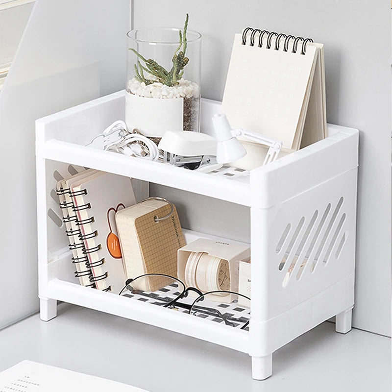 1PC PP Desktop Double Layer Storage Rack Rectangular White Organizing Student Desk Office Cosmetics Stationery Beauty World Shop
