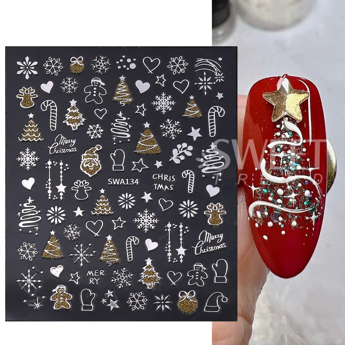 2pcs Gold Silver Christmas 3D Nail Stickers Reflective Glitter Xmas Tree Gingerbread Snowflakes Adhesive Decals Winter Manicure Beauty World Shop