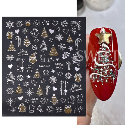 2pcs Gold Silver Christmas 3D Nail Stickers Reflective Glitter Xmas Tree Gingerbread Snowflakes Adhesive Decals Winter Manicure Beauty World Shop