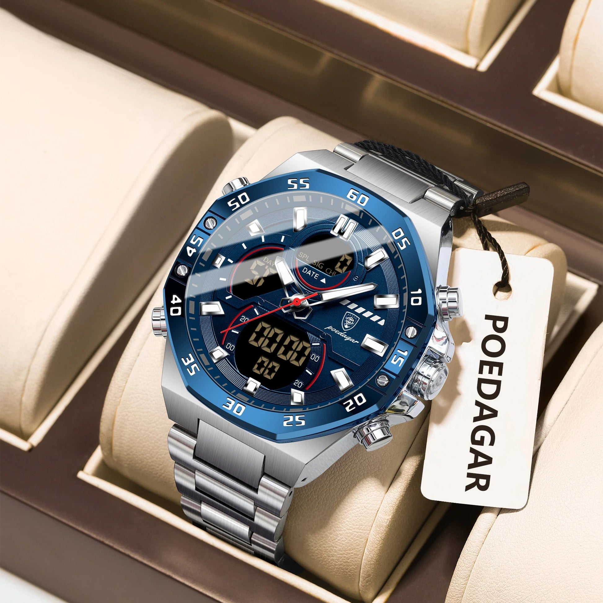 POEDAGAR Top Men Clock LED Luminous Waterproof Week Date Military Man Wristwatch Electronic Stainless Steel Quartz Men's Watches Beauty World Shop