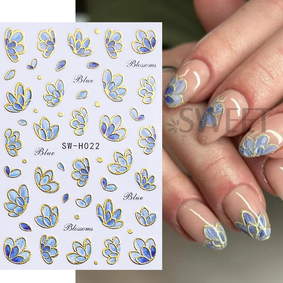 5pcs Metallic Gold Line Flower Nail Stickers 3D Bronzing Border Petals Sakura Leaf Nail Decals Slider DIY Elegant Manicure Decor Beauty World Shop