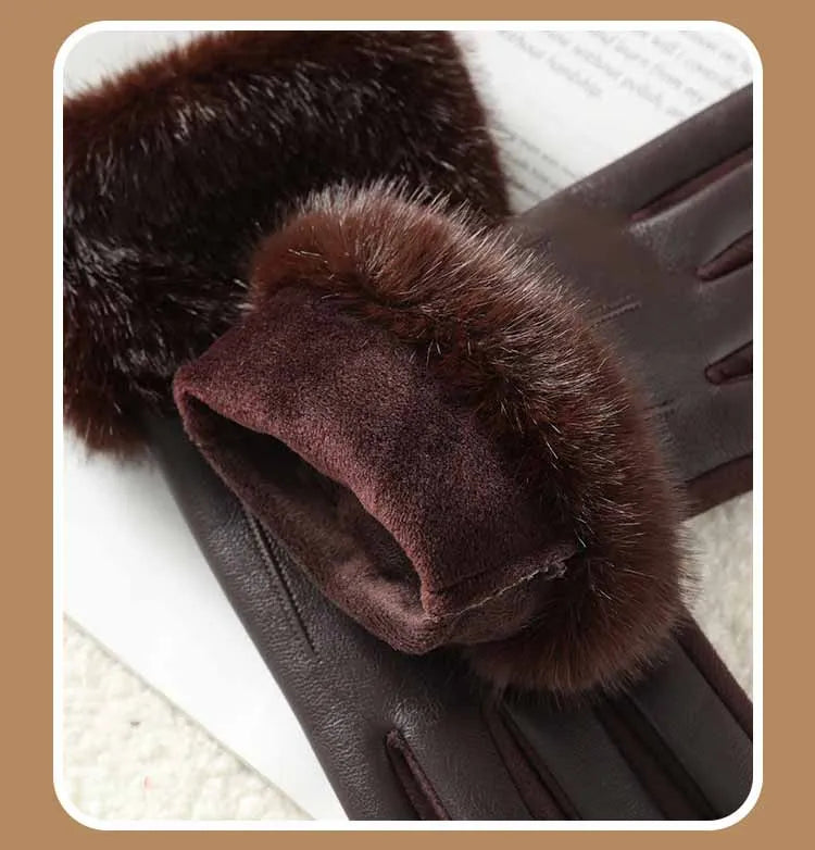 Winter Luxury Women's PU Leather Gloves Wrist Soft Faux Fur Trim Cuff Fashion Elegant Party Warm Touch Screen Drive Cycling Beauty World Shop