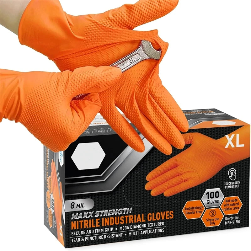 Heavy Duty Orange Nitrile Gloves 8Mil Industrial Disposable Gloves with Diamond Textured Grip for Mechanic Safety & Work Gloves Beauty World Shop