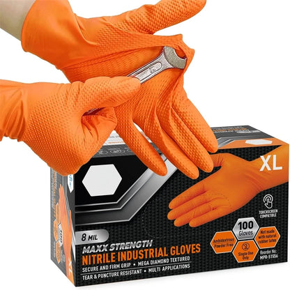 Heavy Duty Orange Nitrile Gloves 8Mil Industrial Disposable Gloves with Diamond Textured Grip for Mechanic Safety & Work Gloves Beauty World Shop
