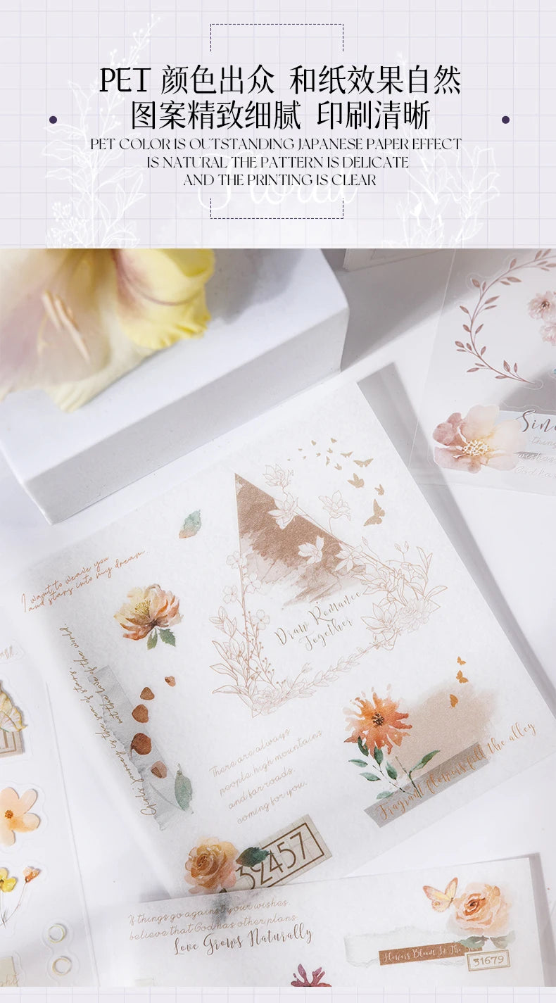 Yoofun 20pcs/lot PET + Washi Paper Aesthetic Flower Stickers Gift Card Journal Scrapbooking Diary Decoration Stationery Labels Beauty World Shop