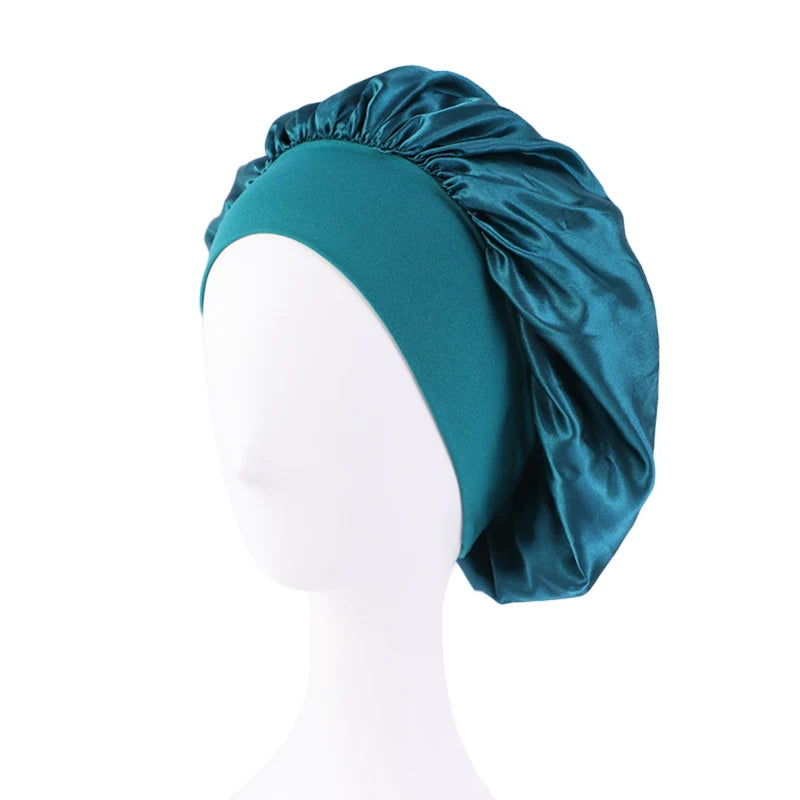 New Women's Satin Solid Wide-brimmed Sleeping Hat Unisex Head Wrap Elastic Band Cap Hair Care Bonnet Night Hat bonnet de nuit Beauty Fashion