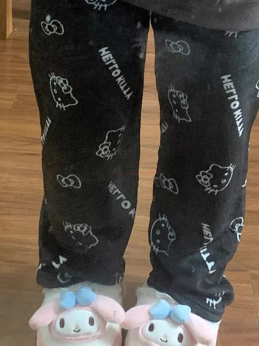 2024 Sanrio Hello Kitty Pajamas Halloween Flannel Fashion Trouserswomen Kawaii Woolen Anime Cartoon Casual Home Pants Autumn Beauty Fashion