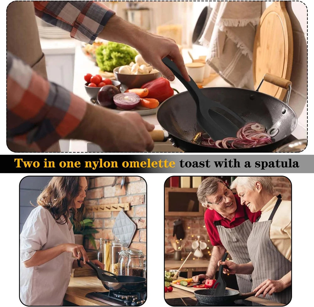 New 2 in 1 Grip Flip Spatula Tongs Egg Flipper Spatula Nylon Non Stick Coating Pancake Fish French Toast Omelet Making Tool Beauty World Shop