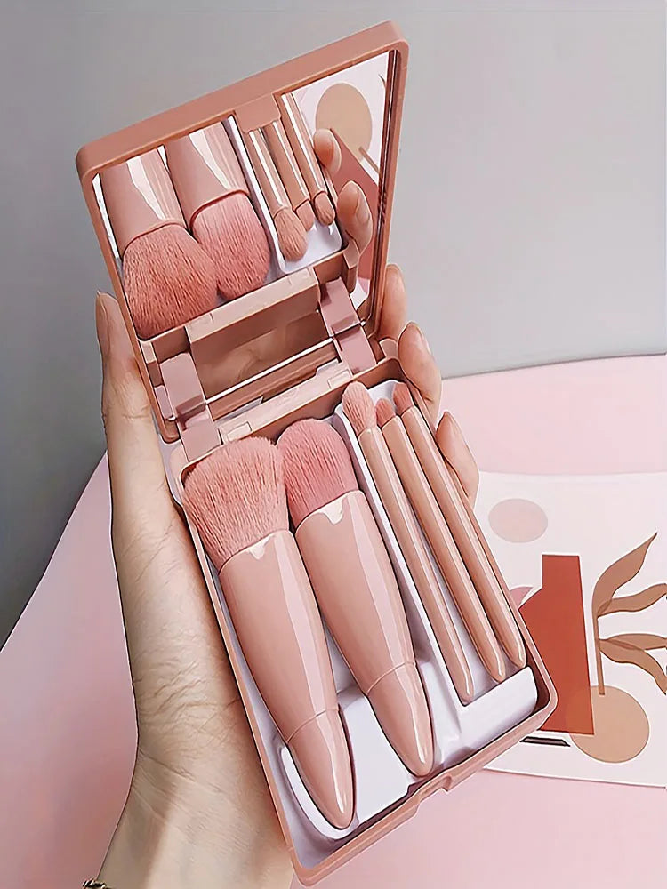 5Pcs Portable Makeup Brush Set With Mirror -  Foldable Travel Kit ，Mini Makeup Brush Set Travel Makeup Brush Set Beauty World Shop