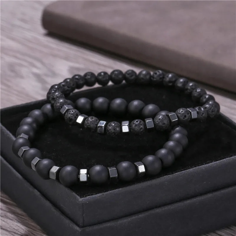 2pcs/set Beaded Bracelet Men Lava Stone Agate Tiger Eye Bead Charm Men Women Bracelet Sets Jewelry Best Gifts Pulsera Hombre Beauty Fashion