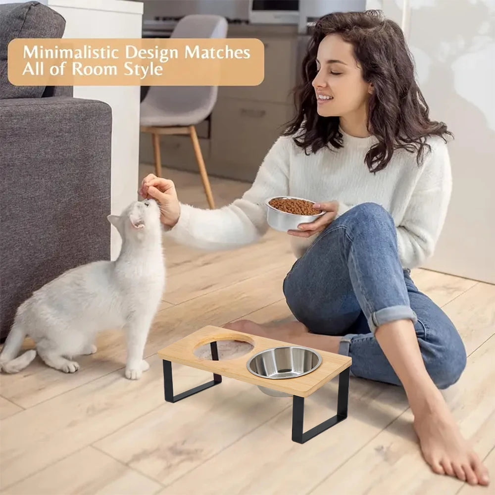 Elevated Cat Bowls 15° Tilted Raised Cat Food Bowls with Wooden Stand Anti Vomiting 2 Stainless Steel Bowls for Cats and Puppy Beauty World Shop