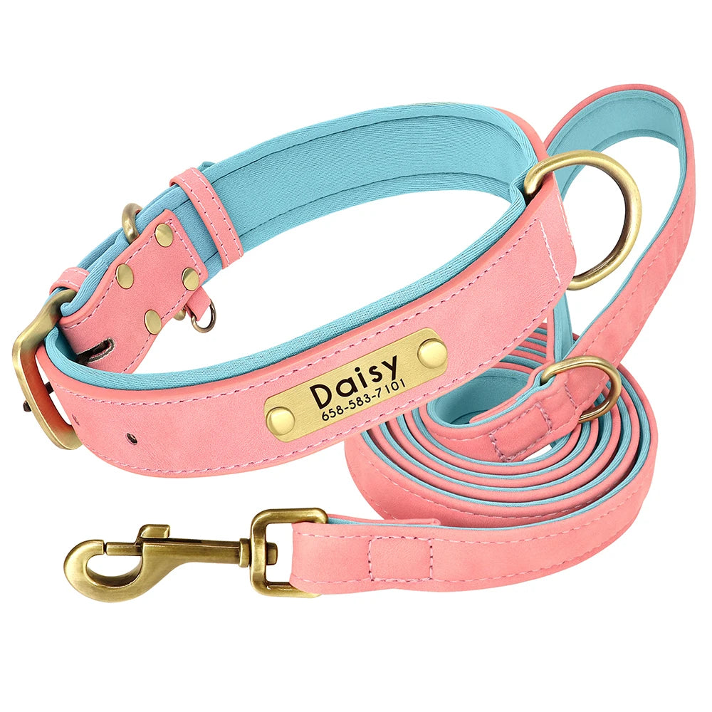 Customized Leather Dog Collar Leash Set Soft Padded Leather Collar For Small Medium Large Dogs With Free Engraved Nameplate Beauty World Shop