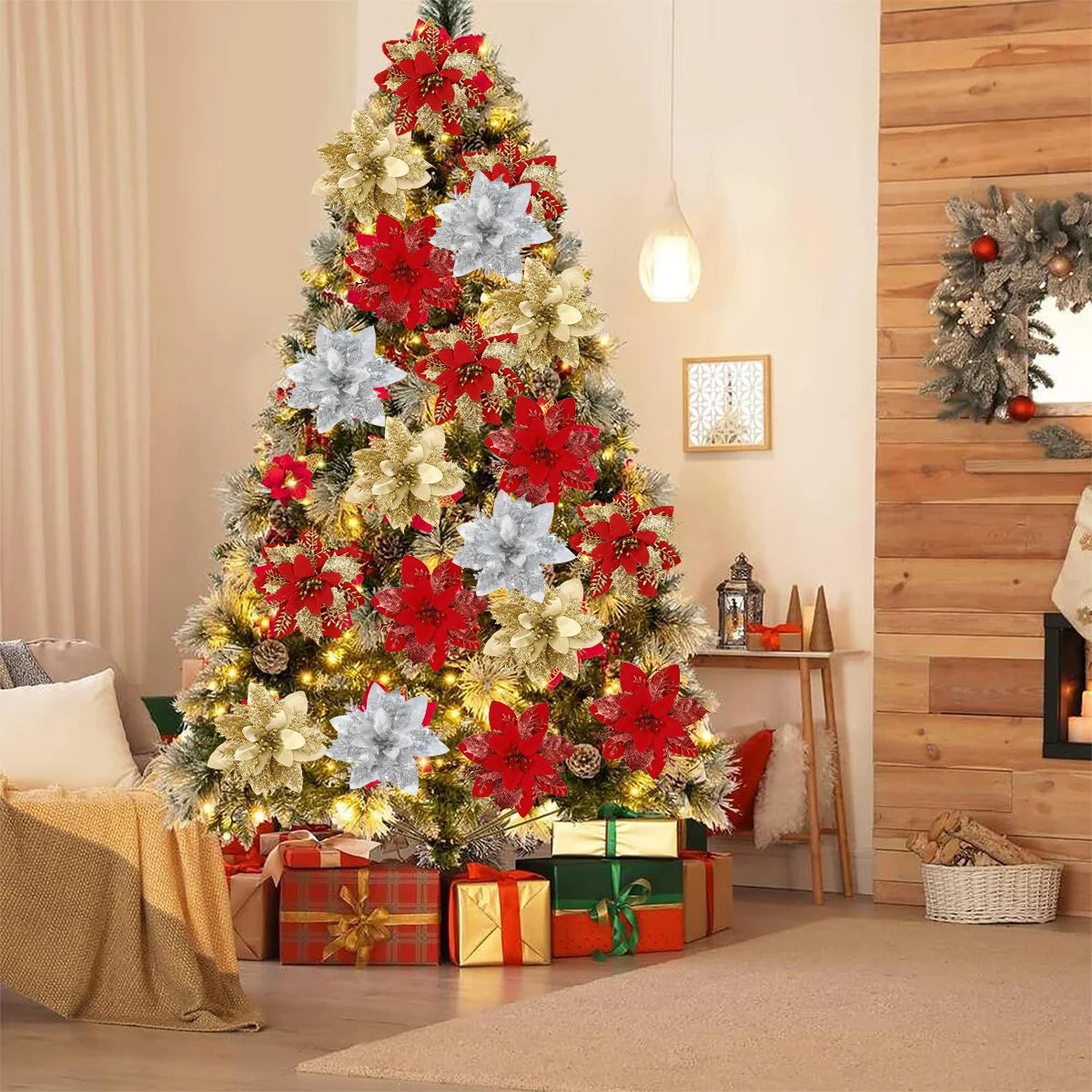 Christmas Glitter Artificial Flowers Christmas Tree Hanging Ornaments Fake Flower for Home 2025 Xmas New Year 2026 Navidad Gift Beauty World Shop