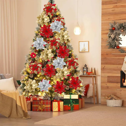Christmas Glitter Artificial Flowers Christmas Tree Hanging Ornaments Fake Flower for Home 2025 Xmas New Year 2026 Navidad Gift Beauty World Shop