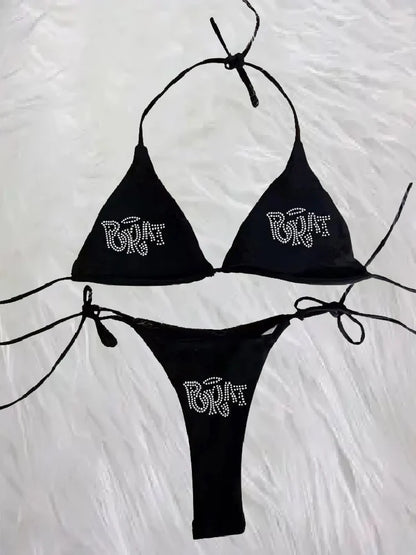 2000s Woman Punk New Beach Swimwear gothic clothes BRAT Rhinestone printing Grunge Swimsuit Bikini Y2K Bathing Suits Lace Up ﻿ Beauty World Shop