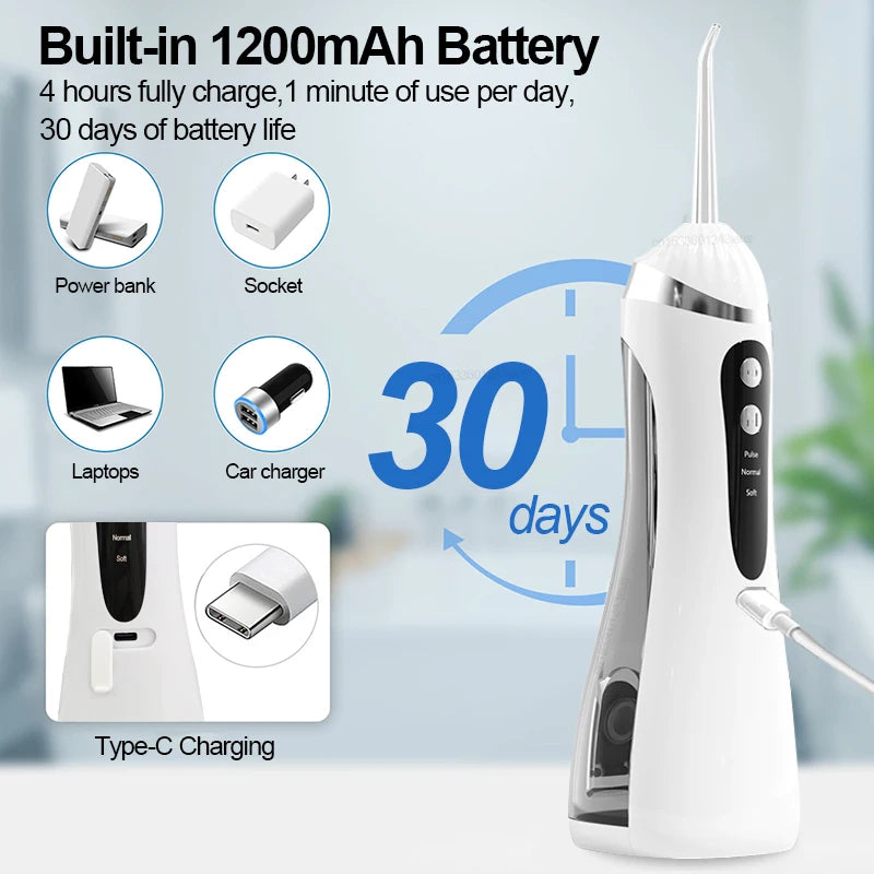 Portable Oral Irrigator 200ML Water Flosser Teeth Whitening 3 Modes Rechargeable Waterproof IP65 Dental Care Jet Floss Beauty World Shop
