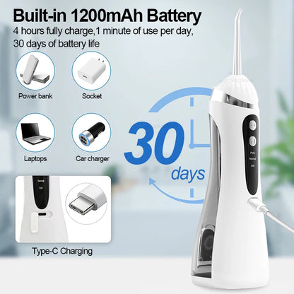 Portable Oral Irrigator 200ML Water Flosser Teeth Whitening 3 Modes Rechargeable Waterproof IP65 Dental Care Jet Floss Beauty World Shop