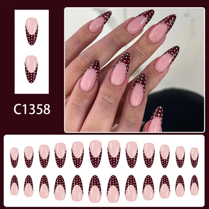 Sweet French Tip Press On Nails Medium Almond Shape Glossy Red White Polka Dot Fake Nails 24pcs Beauty World Shop