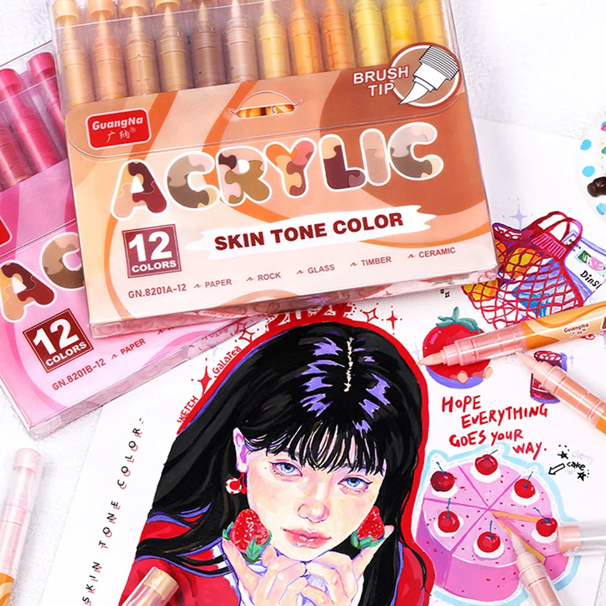 GuangNa 12-72 Colors Soft Brush Acrylic Marker Pen Set,Skin Tone, Macaron color,DIY Hand Drawn,Paint Art Markers pens,GN.8201F/M Beauty World Shop