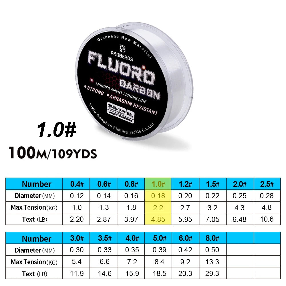 PROBEROS 100M Fluorocarbon Coating Fishing Line 2.2LB-29.3LB Carbon Fiber Monofilament Leader Line Carp Fishing Sinking Line Beauty World Shop