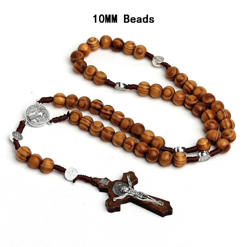 Catholic Wood Beaded Rosary Necklaces For Women Christian INRI Crucifix Cross Pendant Long Chain Men Religion Prayer Jewelry Beauty Trend Shop